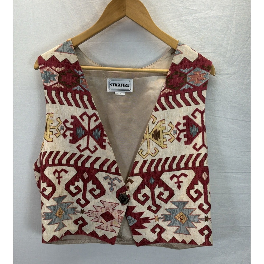 Vtg Starfire Vest Womens Sz 16 Cotton Southwestern Tribal Aztec One Button Nice